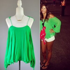 H&M LUXE // green boho-chic cold shoulder tie flowy chiffon sleeve tie top